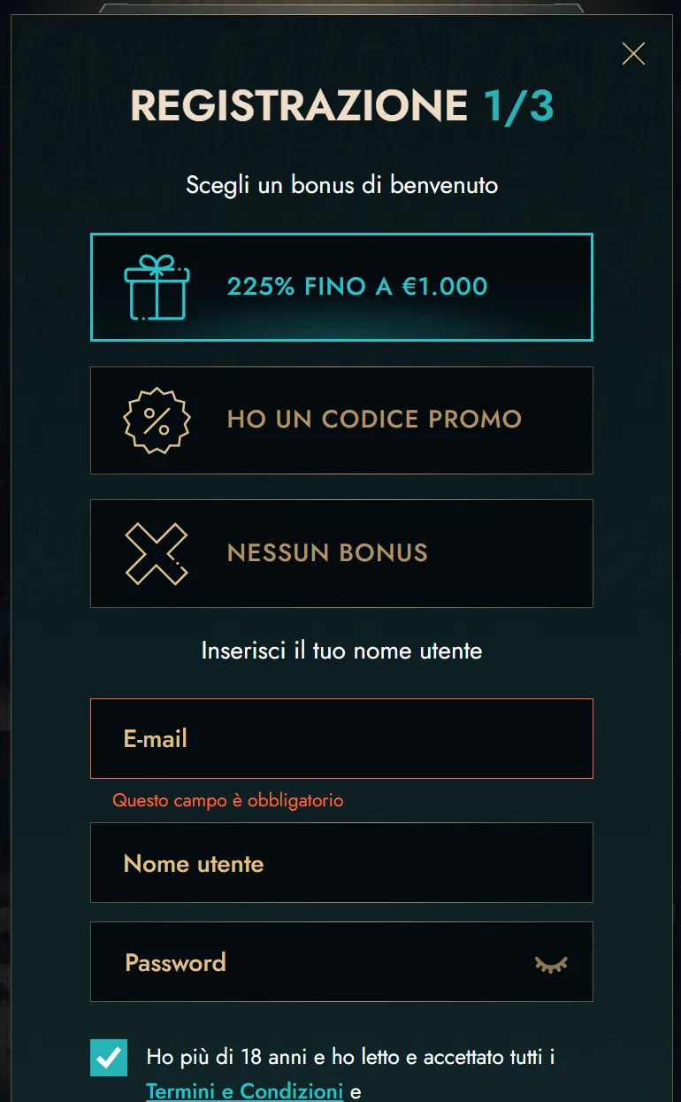 Form di registrazione Dolly Casino